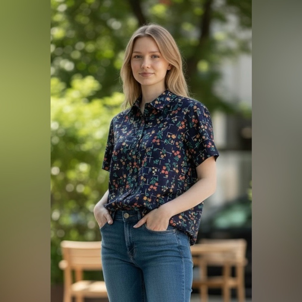 Woman Within Floral Navy Women's Button Up Top
